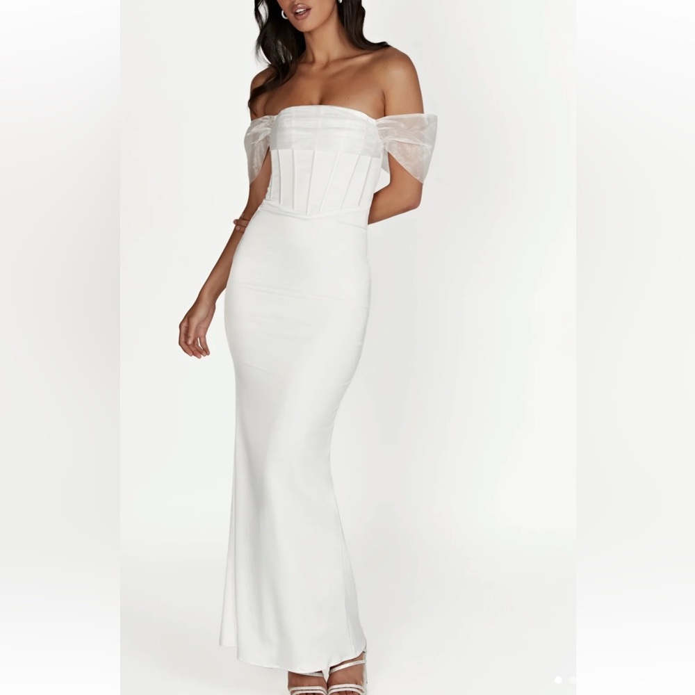 Meshki Everly Off Shoulder Organza Satin Maxi in White